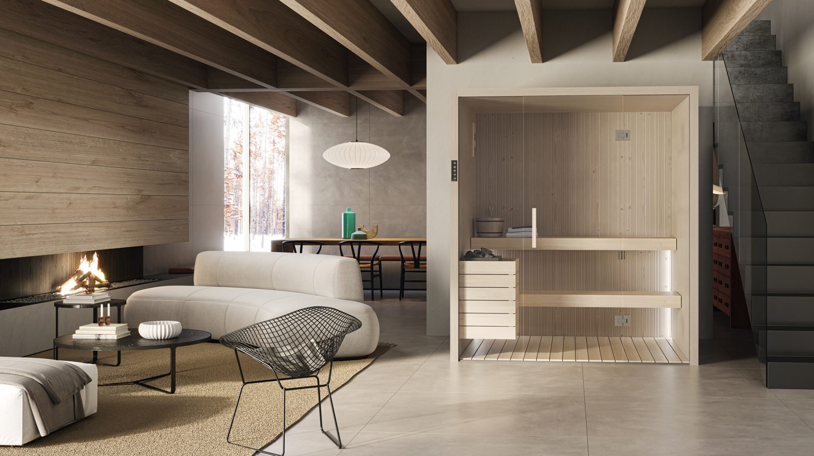 Moderne Novellini Celsius sauna met glazen voorwand in een luxe badkamer.