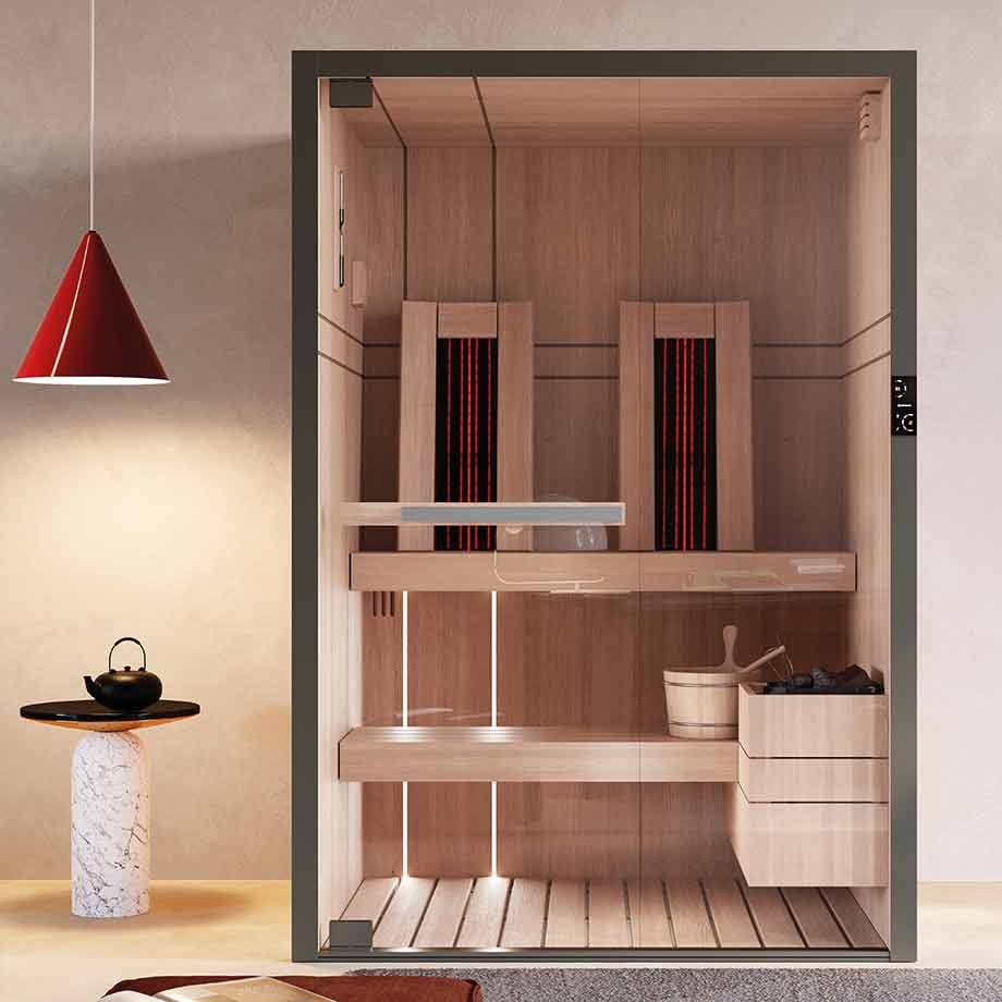 Detail van een infraroodstraler in een Novellini sauna.